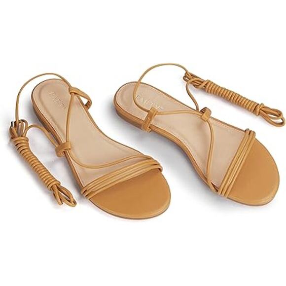 Party Womens Size 6 Tan Strappy Ankle Wrap Lace Up Open Toe Flat Sandal Shoes - Picture 3 of 7